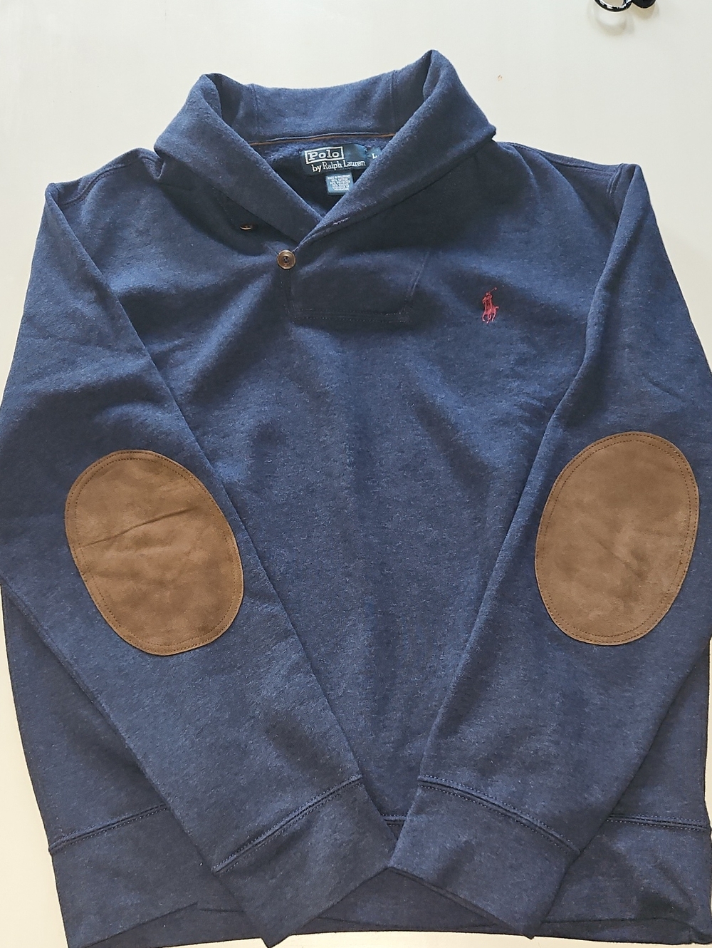 Polo Ralph Lauren Navy Shawl Collar Sweatshirt with Brown Elbow Patches Mens L